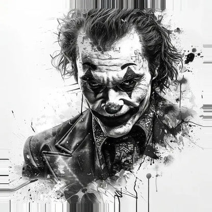 Illustration monochrome d'un homme en costume, avec un visage de clown peint et une expression sinistre, entouré d'éclaboussures abstraites - un véritable Tableau Portrait Moderne Joker Batman Noir et Blanc qui ajoute une touche audacieuse à tout décor moderne.