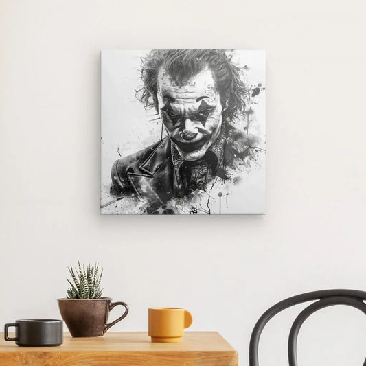 Un Tableau Portrait Moderne Joker Batman Noir et Blanc représentant une personne en costume maquillée de clown est accroché sur un mur blanc au-dessus d'une table en bois avec une plante en pot et deux tasses, ajoutant une touche de décor moderne.