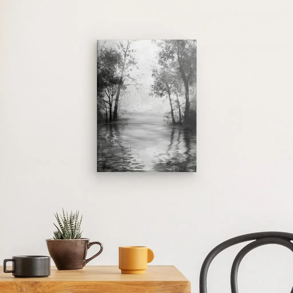 Tableau Peinture Arbres Paysage Campagne Noir et Blanc 4