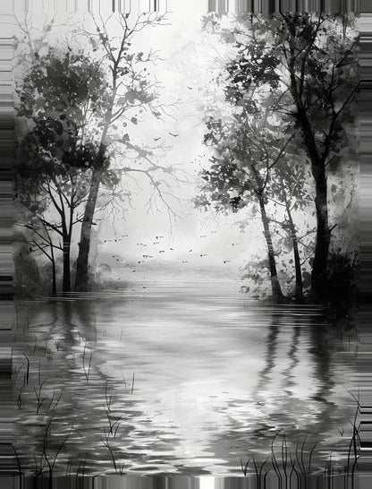 Tableau Peinture Arbres Paysage Campagne Noir et Blanc - #tag1# - #tag2# 