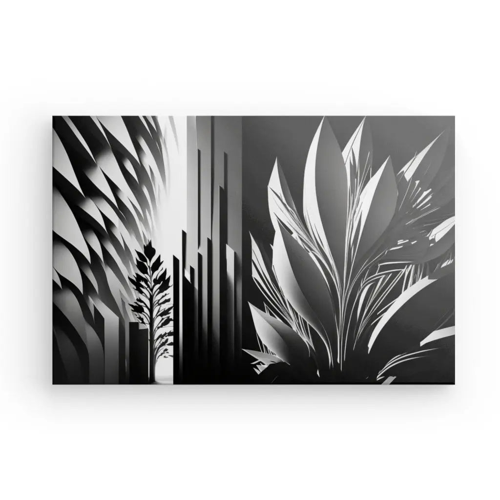 Tableau Art Numérique Abstrait Noir et Blanc représentant deux plantes stylisées aux feuilles pointues et anguleuses, sur des fonds contrastés sombres et clairs. Le design moderne et sophistiquée présente des formes organiques époustouflantes qui captivent l'imagination du spectateur.