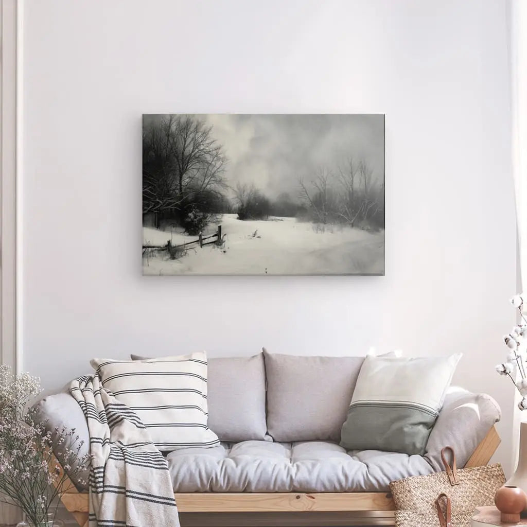 Un canapé gris avec des coussins rayés et unis est placé sous une peinture Tableau Campagne Paysage Enneigé Rétro Noir et Blanc représentant un paysage d'hiver sur un mur blanc, avec un panier en osier et des fleurs séchées à proximité.
