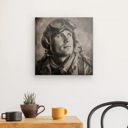 Une photographie vintage intitulée "Portrait Sépia Aviateur Guerre Vintage Noir et Blanc" représente un pilote portant un casque et des lunettes, accroché sur un mur blanc au-dessus d'une table avec deux tasses et une petite plante en pot. Cette ravissante pièce de décoration vintage ajoute un charme nostalgique à la pièce.