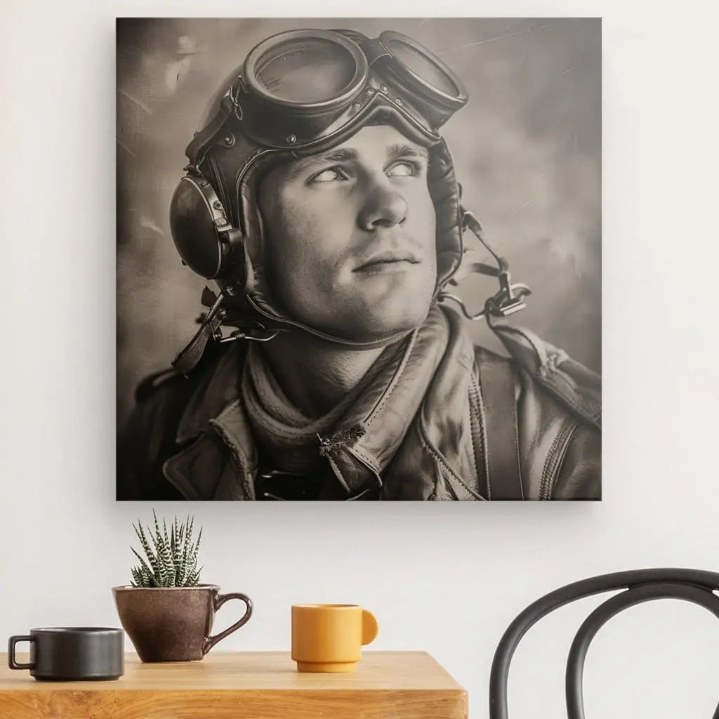 Le Portrait Sépia Aviateur Guerre Vintage Noir et Blanc d'une personne portant un équipement d'aviateur vintage est accroché sur un mur blanc au-dessus d'une table ornée d'une petite plante en pot, d'une tasse marron et d'une tasse jaune. Cette décoration vintage complète à merveille le thème de l'aviation militaire.