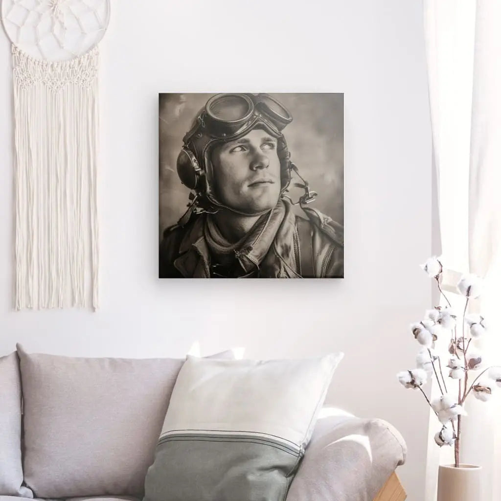 Un salon confortable présente au mur une photographie Portrait Sépia Aviateur Guerre Vintage Noir et Blanc, mettant en valeur un pilote de style vintage en tenue d'aviateur. Un canapé gris avec un oreiller blanc et un décor de cotonnier ajoutent à la charmante ambiance vintage de la décoration.