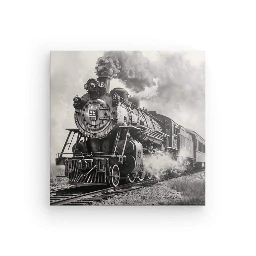 Photo en noir et blanc d'une locomotive à vapeur vintage avec de la fumée s'échappant, avançant sur des voies ferrées - un Tableau Train à Vapeur Vintage Noir et Blanc parfait pour la décoration intérieure.