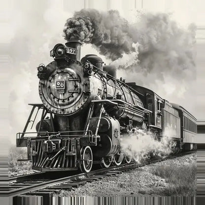 Une photographie en noir et blanc d'une vieille locomotive à vapeur émettant une épaisse fumée lors de son déplacement sur les voies ferrées fait office de Tableau Train à Vapeur Vintage Noir et Blanc. L'avant du train affiche le numéro 497, ce qui en fait une pièce captivante pour la décoration intérieure.