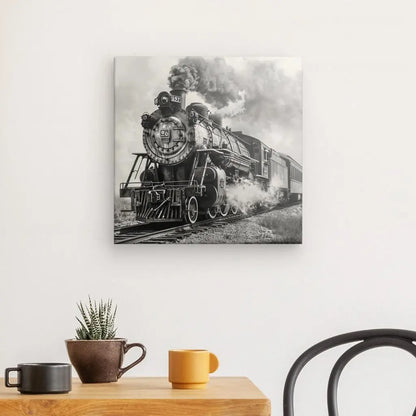 Une photo en noir et blanc d'un Tableau Train à Vapeur Vintage Noir et Blanc en mouvement est affichée sur un mur blanc au-dessus d'une table en bois avec une petite plante, une tasse marron et une tasse jaune, à côté d'une chaise noire. Ce tableau vintage saisissant ajoute du charme à votre décoration intérieure.