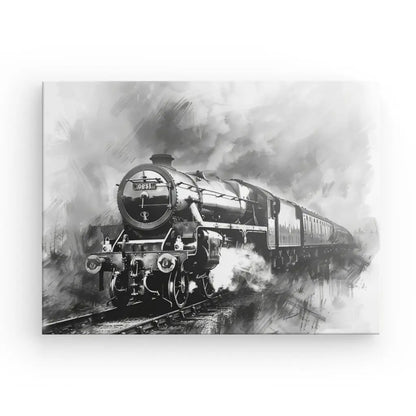 Le Tableau Peinture Locomotive Vintage Noir et Blanc capture une locomotive à vapeur en mouvement, projetant de la fumée et de la vapeur sur une voie ferrée, créant une scène vintage captivante.