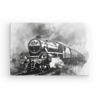 Tableau Peinture Locomotive Vintage Noir et Blanc : Une élégante illustration en noir et blanc d'une locomotive à vapeur à l'ancienne émettant de la fumée lorsqu'elle circule sur des voies ferrées, parfaite pour ajouter une touche de décoration vintage à votre espace.