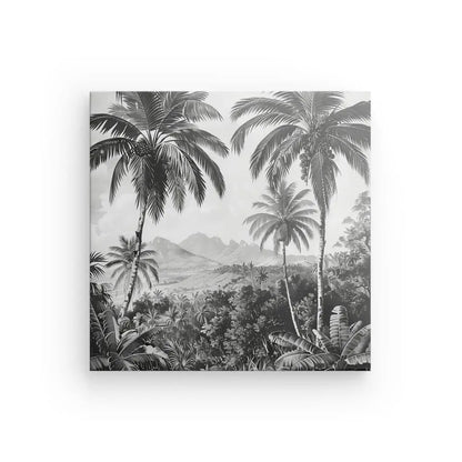 Le Tableau Dessin Peinture Cocotiers Jungle Noir et Blanc présente une œuvre monochrome représentant un paysage tropical avec des palmiers, une végétation luxuriante et des montagnes en arrière-plan, ce qui le rend parfait pour ajouter une touche exotique à votre décor.