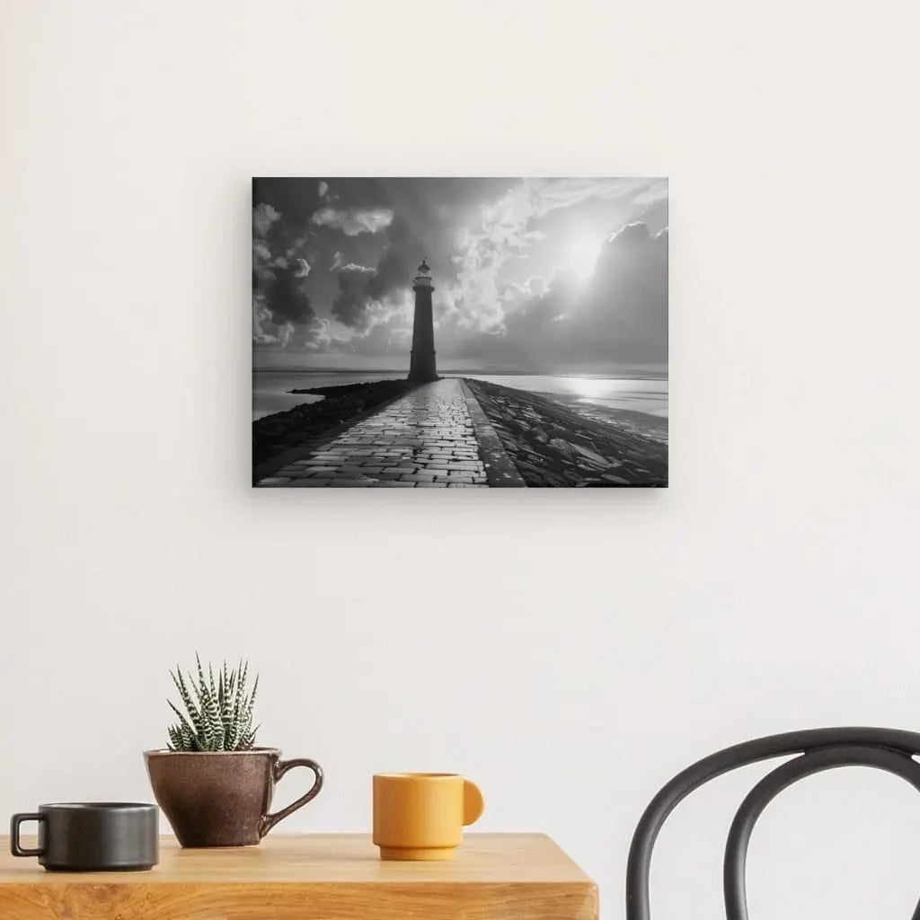 Un Tableau Jetée Océan Phare Noir et Blanc accroché sur un mur blanc au dessus d'une table en bois avec deux mugs, une petite plante et une chaise noire offre la touche parfaite de décoration marine.