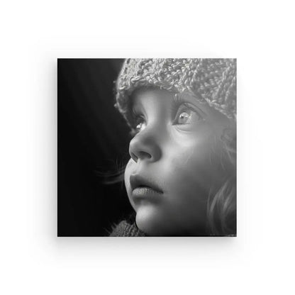 Un gros plan en noir et blanc d'un jeune enfant regardant vers le haut, portant un bonnet tricoté, capturant parfaitement l'essence du Tableau Portrait Enfant Bonnet Noir et Blanc dans cette superbe photographie artistique.