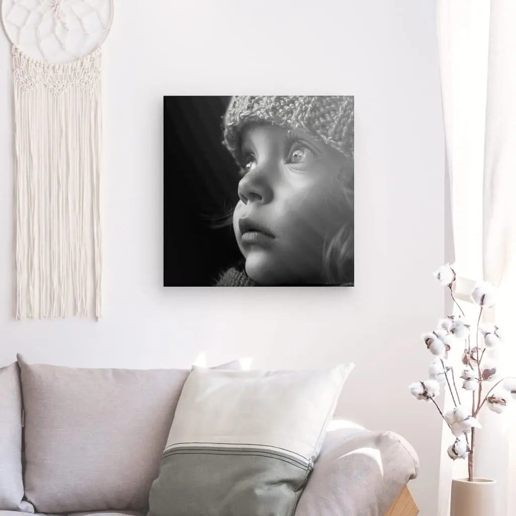 Un salon moderne comprend un canapé gris avec un oreiller blanc et vert, une tenture murale tissée et un Tableau Portrait Enfant Bonnet Noir et Blanc exposé au-dessus du canapé.