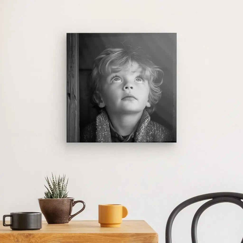 Une photo en noir et blanc de la collection Tableau Jeune Garçon Tête Blonde Noir et Blanc, représentant un jeune garçon regardant vers le haut, orne un mur blanc au-dessus d'une table en bois avec une plante en pot et deux mugs. Une chaise noire partiellement visible à côté du Tableau Jeune Garçon Tête Blonde Noir et Blanc ajoute une touche artistique à la scène.