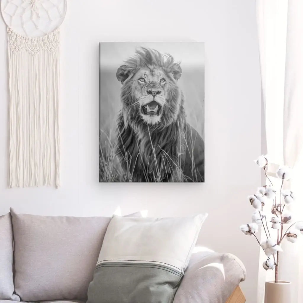 Un tableau Lion Rugissement Noir et Blanc est accroché sur un mur blanc au-dessus d'un canapé moderne avec un coussin gris. Une pièce décorative en macramé se trouve à gauche de la photo, et des tiges de coton sont exposées à droite, créant une décoration animale harmonieuse.