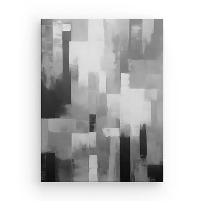 Tableau Peinture Abstraite Dégradé Noir et Blanc avec une palette monochrome, présentant diverses formes rectangulaires dans des tons de blanc, de gris et de noir. Cette pièce saisissante est parfaite pour une décoration moderne, ajoutant une touche élégante à n'importe quel espace avec sa superbe peinture abstraite.