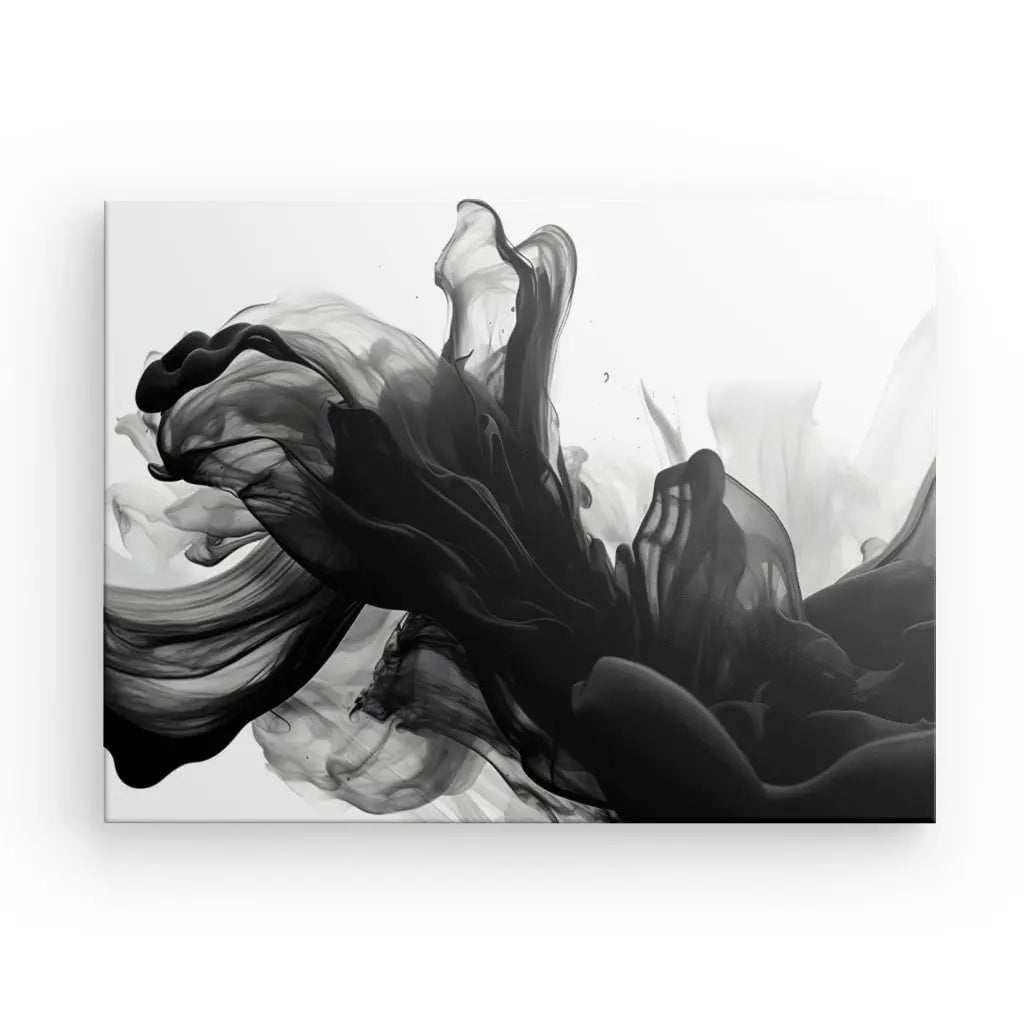 Un Tableau Abstrait Substance Noir Fond Blanc présente des motifs tourbillonnants ressemblant à de l'encre noire et grise sur un fond blanc, incarnant l'essence de la décoration contemporaine.