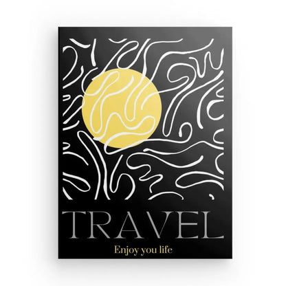 Une affiche élégante comportant des lignes abstraites blanches ondulées et un cercle jaune sur fond noir, intitulée tableau "Voyage" Noir Blanc Jaune. En bas, il comprend les mots « Enjoy you life », ce qui en fait une pièce de décoration artistique idéale pour n'importe quel espace.