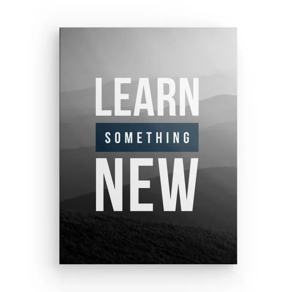 Une image en niveaux de gris avec des silhouettes de montagnes en arrière-plan. Le texte « LEARN SOMETHING NEW » est affiché bien en évidence en lettres majuscules blanches et bleues au centre, une véritable citation du Tableau « Learn Something new » Noir et Blanc, parfait pour une décoration élégante.