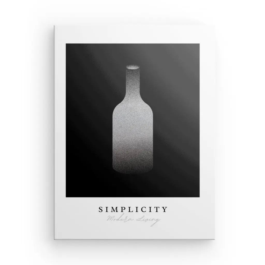 L'affiche Tableau Bouteille Design "Simplicity" Noir et Blanc présente une silhouette de bouteille granuleuse sur un fond sombre avec le mot "Simplicity" et l'expression "Modern Luxury" écrite en dessous. Cette pièce d'art contemporain ajoute une décoration sophistiquée à n'importe quelle pièce.