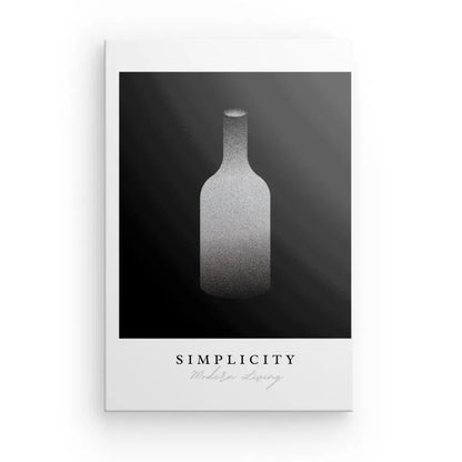 L'affiche minimaliste Tableau Bouteille Design "Simplicity" Noir et Blanc présente l'image d'une bouteille sur un fond dégradé foncé, accompagnée des textes "SIMPLICITY" et "Modern Legacy", ce qui la rend parfaite pour Décoration Sophistiquée.