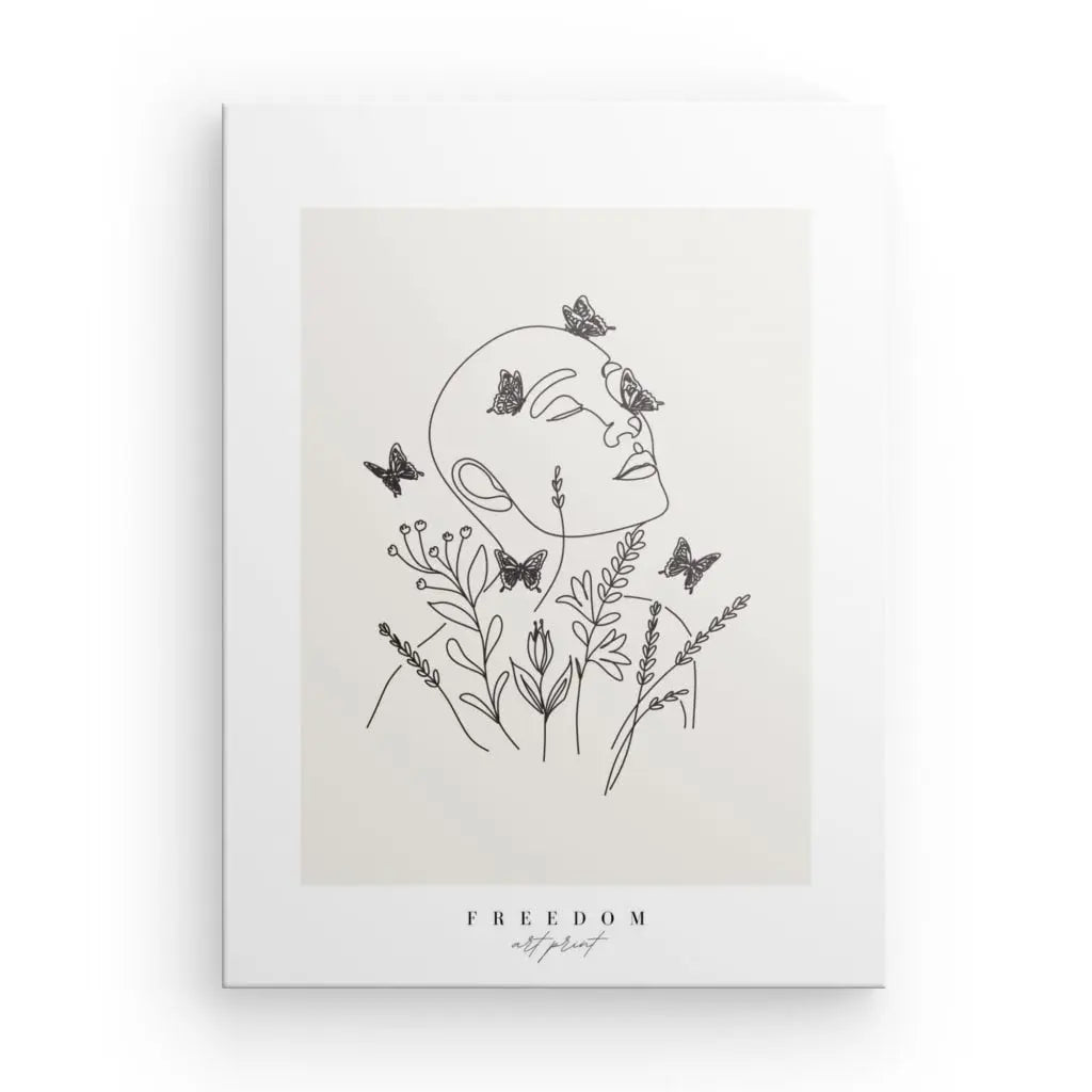 Illustration au trait d'un visage aux yeux fermés, entouré de papillons et de plantes dans un style artistique minimaliste. Sous l'image se trouve le mot « FREEDOM », créant une pièce de décoration à couper le souffle Tableau « Freedom » Beige Noir et Blanc.