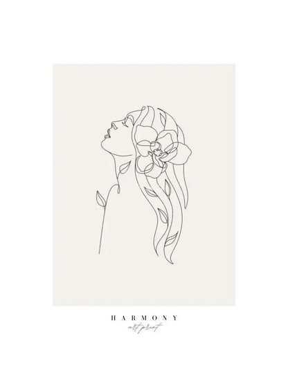 Un dessin au trait minimaliste représentant une femme de profil, ses cheveux ornés d'une grande fleur, accompagné du mot "HARMONY" en bas. Idéal pour la décoration intérieure, ce Tableau "Harmonie" Beige Noir et Blanc ajoute une touche de sérénité à n'importe quel espace.