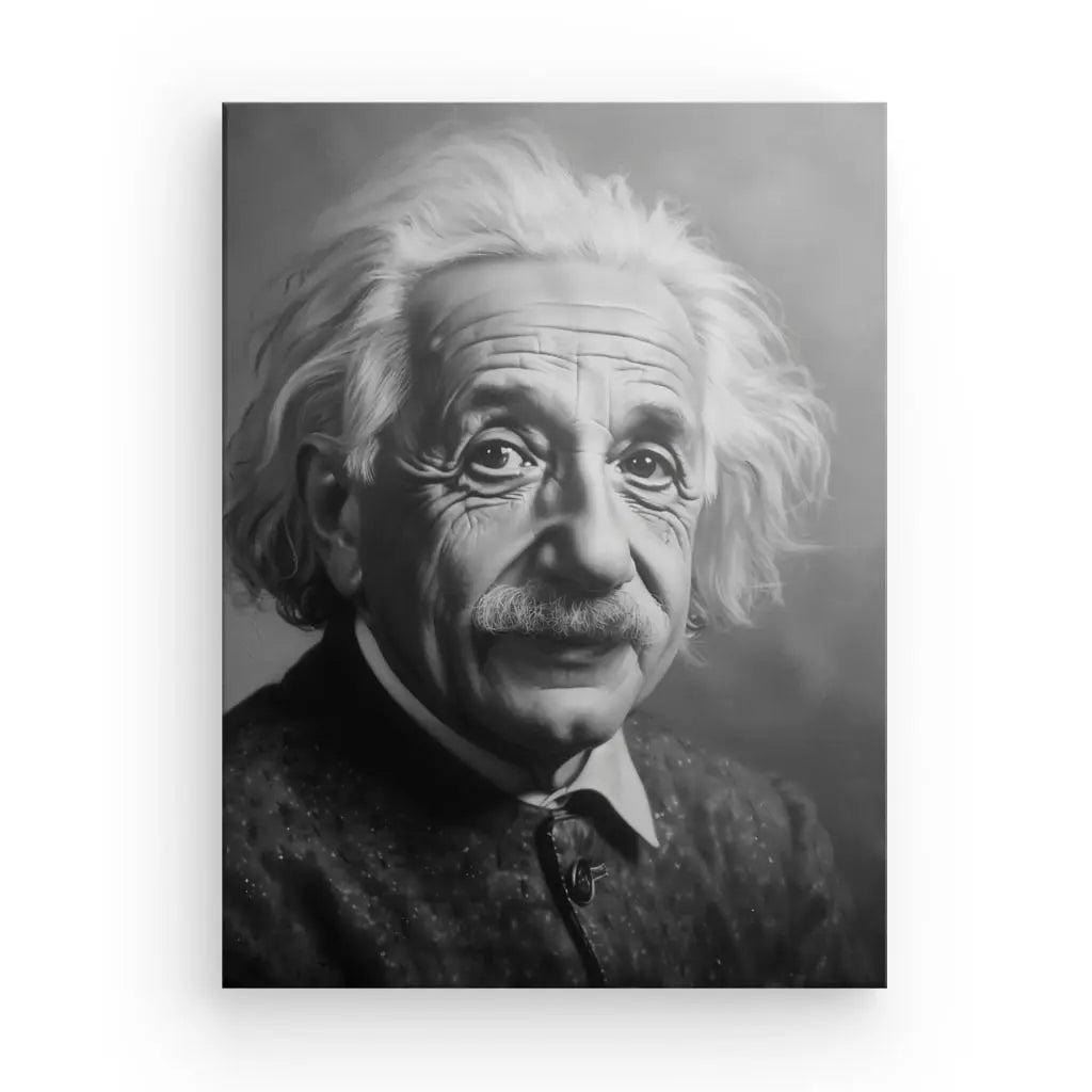 Portrait en noir et blanc d'un homme âgé aux cheveux blancs sauvages, à la moustache et à l'expression sérieuse, portant une veste sombre sur une chemise à col blanc, ressemblant au Tableau Portrait Einstein Noir et Blanc.