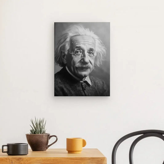 Un "Tableau Portrait Einstein Noir et Blanc" avec les cheveux et la moustache sauvages d'Einstein est accroché sur un mur blanc au-dessus d'une table en bois ornée d'une petite plante en pot et de deux tasses, ajoutant une touche de décoration.