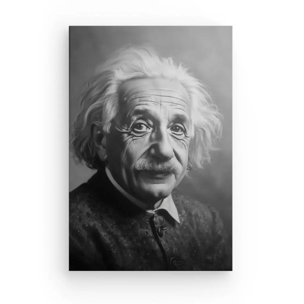 Portrait en noir et blanc d'un homme âgé aux cheveux blancs ébouriffés, avec une moustache et une expression sérieuse, vêtu d'une veste sombre et d'un col blanc ; le Tableau Portrait Einstein Noir et Blanc capture son intensité en tant qu'œuvre d'art.