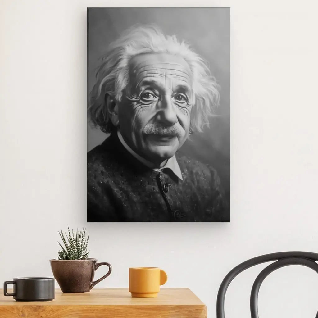 Un Tableau Portrait Einstein Noir et Blanc est accroché au mur au-dessus d'une table en bois ornée d'une petite plante en pot et de deux tasses à café. Une chaise noire est partiellement visible à droite, rehaussant le décor élégant de l'espace.