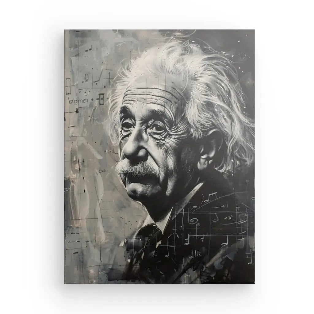 Un Tableau Peinture Einstein Médecin Noir et Blanc représente un homme âgé aux cheveux blancs et à la moustache, représenté de profil sur un fond avec des symboles mathématiques abstraits, parfait pour une décoration moderne.