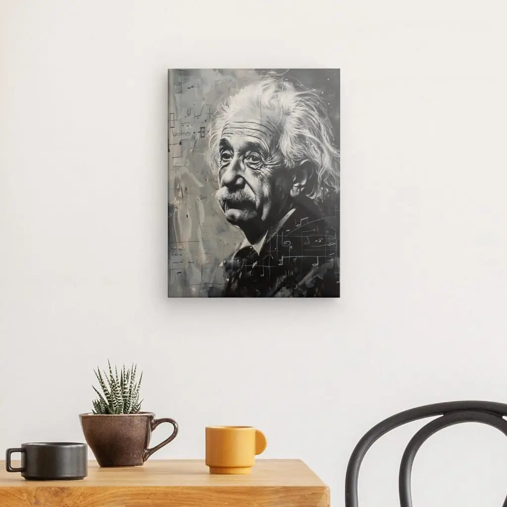 Un portrait en noir et blanc d'un homme âgé aux cheveux blancs, rappelant un Tableau Peinture Einstein Médecin Noir et Blanc, est accroché sur un mur blanc au-dessus d'une table en bois avec une petite plante et deux tasses. Une chaise noire est positionnée près de la table, ajoutant à la décoration moderne.