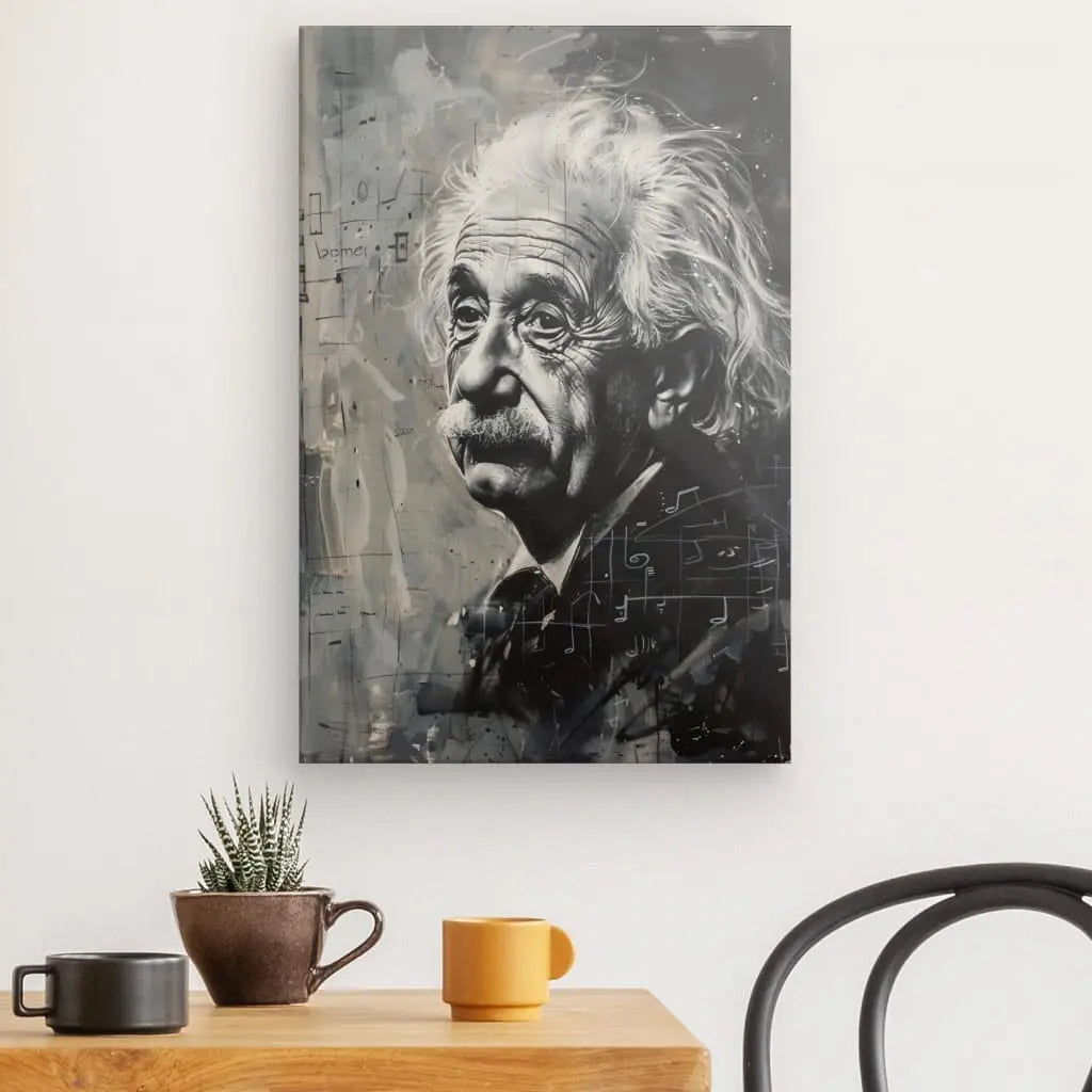 Un portrait monochrome d'un homme âgé aux cheveux blancs, rappelant un Tableau Peinture Einstein Médecin Noir et Blanc, est exposé sur un mur au-dessus d'une table avec une plante en pot et deux tasses, ajoutant à la décoration moderne.