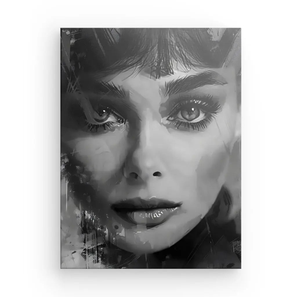 Le Tableau Portrait Peinture Audrey Hepburn Noir et Blanc présente une représentation en noir et blanc d'un visage de femme au regard intense, cadré étroitement. L'image présente une qualité picturale texturée avec des éléments abstraits sur les bords, rappelant le portrait classique d'Audrey Hepburn.