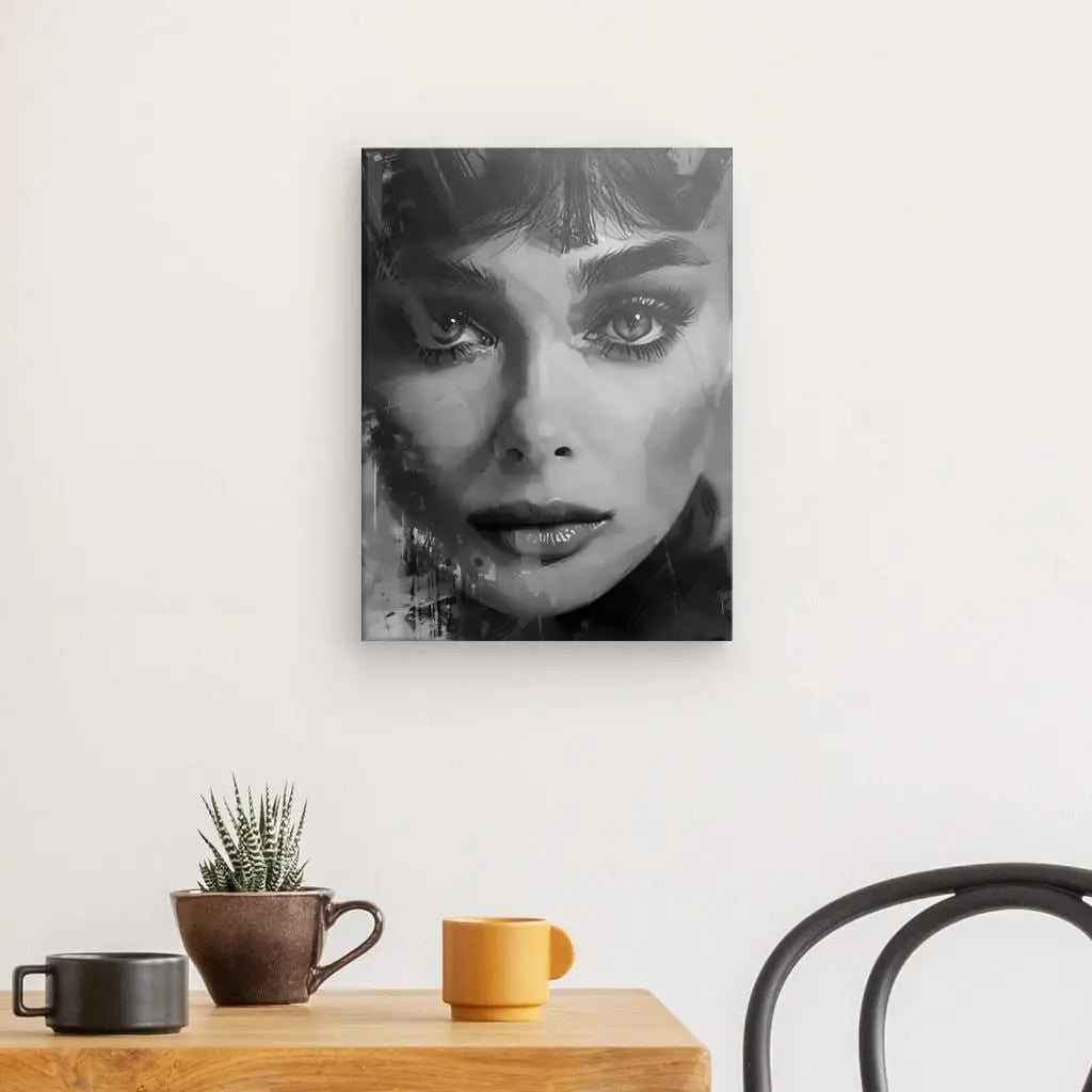 Un "Tableau Portrait Peinture Audrey Hepburn Noir et Blanc" est accroché sur un mur blanc au-dessus d'une table en bois avec une petite plante et deux tasses, une marron et une jaune. Une chaise noire est partiellement visible à droite.