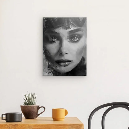 Un "Tableau Portrait Peinture Audrey Hepburn Noir et Blanc" est accroché sur un mur blanc au-dessus d'une table en bois avec une petite plante et deux tasses, une marron et une jaune. Une chaise noire est partiellement visible à droite.