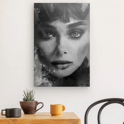 Un Tableau Portrait Peinture Audrey Hepburn Noir et Blanc en noir et blanc représentant une femme avec une frange décore le mur au-dessus d'une table en bois. La table comporte une petite plante en pot et deux tasses, une orange et une noire.