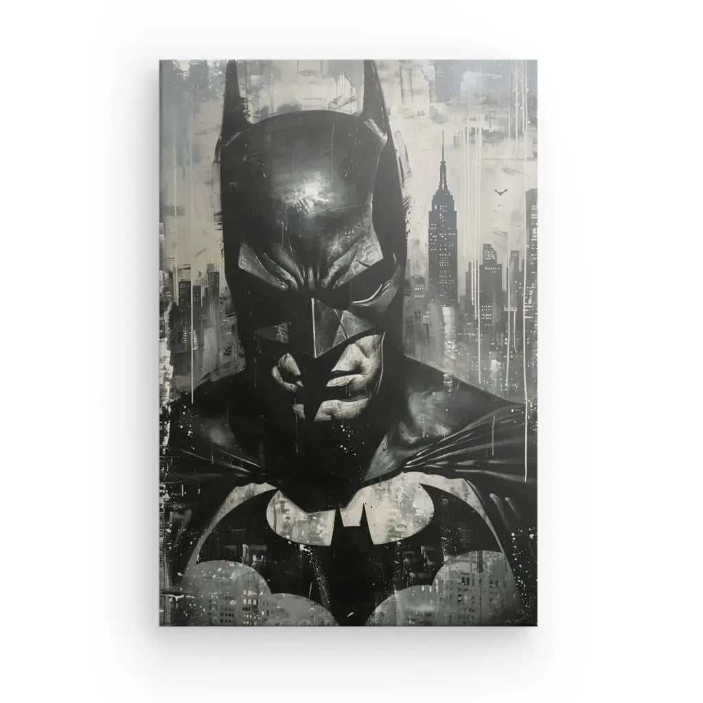 Présentation du **Tableau Batman Peinture Noir et Blanc** : une superbe œuvre d'art en noir et blanc représentant Batman sur fond de paysage urbain saisissant avec de grands bâtiments, dont l'emblématique Empire State Building. Batman est représenté dans son masque et son costume classiques, impatient. Cette pièce est parfaite pour rehausser n'importe quel décor intérieur, ajoutant une touche d'élégance intemporelle rappelant un tableau d'Audrey Hepburn.