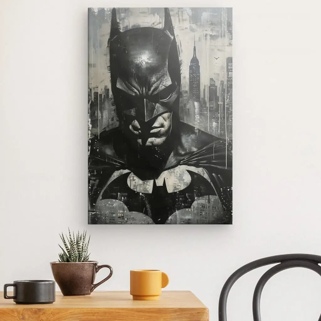 Un « Tableau Batman Peinture Noir et Blanc » encadré est accroché sur un mur blanc au-dessus d'une table en bois ornée d'une petite plante, d'une tasse marron et d'une tasse jaune. Une chaise noire est partiellement visible sur le côté droit, rehaussant le décor chic de l'intérieur.