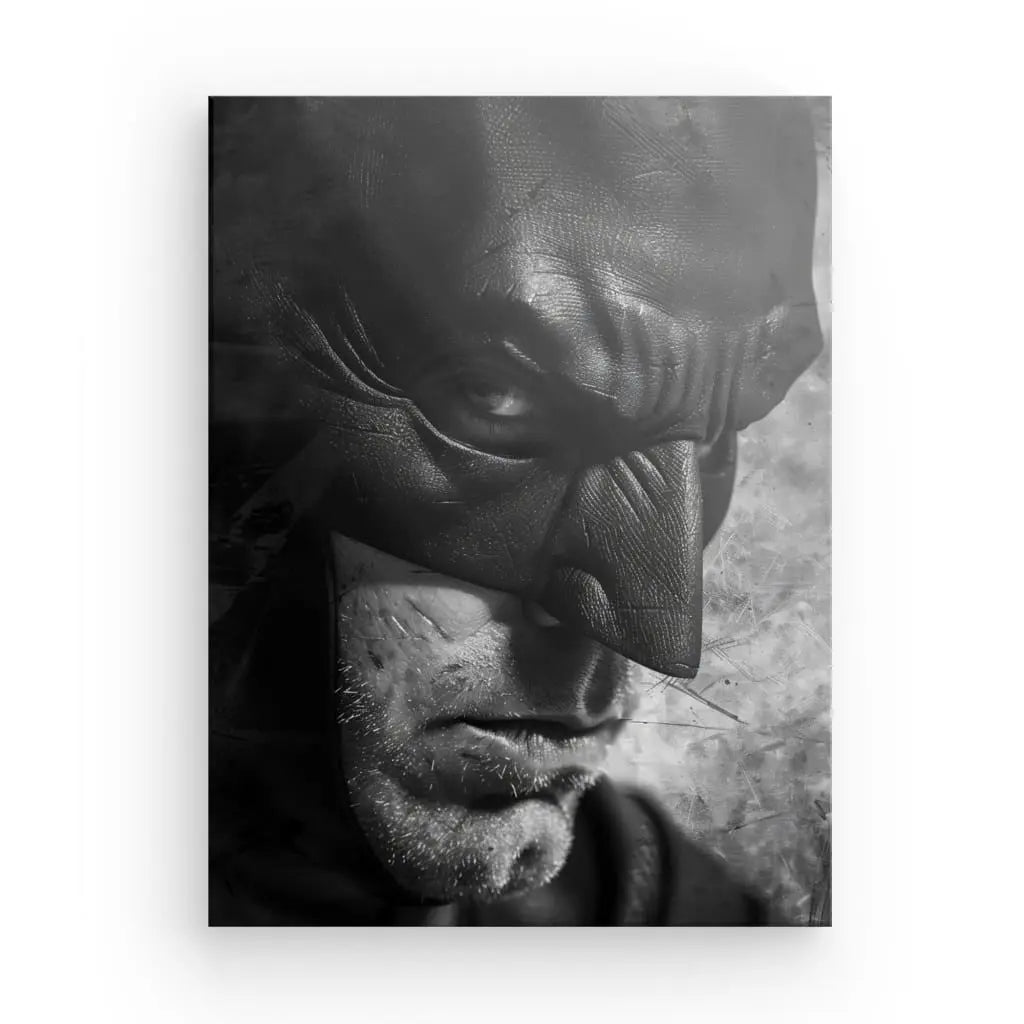 Une photo en gros plan en noir et blanc du visage d'une personne portant un masque de Batman, montrant une expression sérieuse sur un fond texturé du Tableau Batman Super Héros Noir et Blanc, capturant l'essence de ce super héros légendaire.