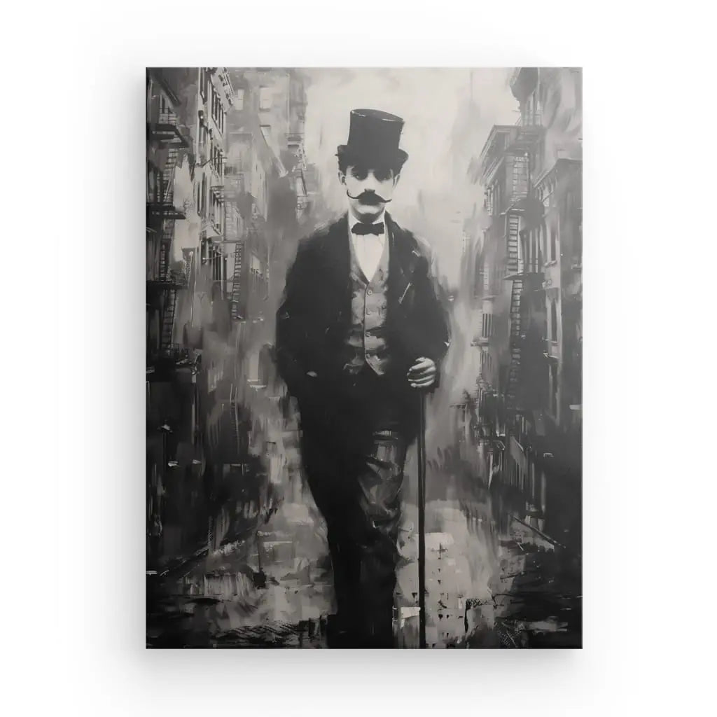 Tableau monochrome Charlie Chaplin Noir et Blanc représentant un homme en costume et chapeau haut de forme rappelant Charlie Chaplin, marchant dans une rue de la ville avec des bâtiments en arrière-plan et portant une canne.