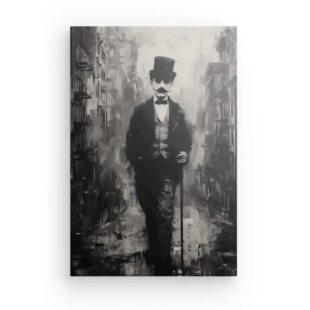 Le Tableau Charlie Chaplin Noir et Blanc représente un homme vêtu d'une tenue du début du XXe siècle, comprenant un haut-de-forme et un costume, marchant dans une rue de la ville tout en tenant une canne, faisant écho au charme du cinéma muet.