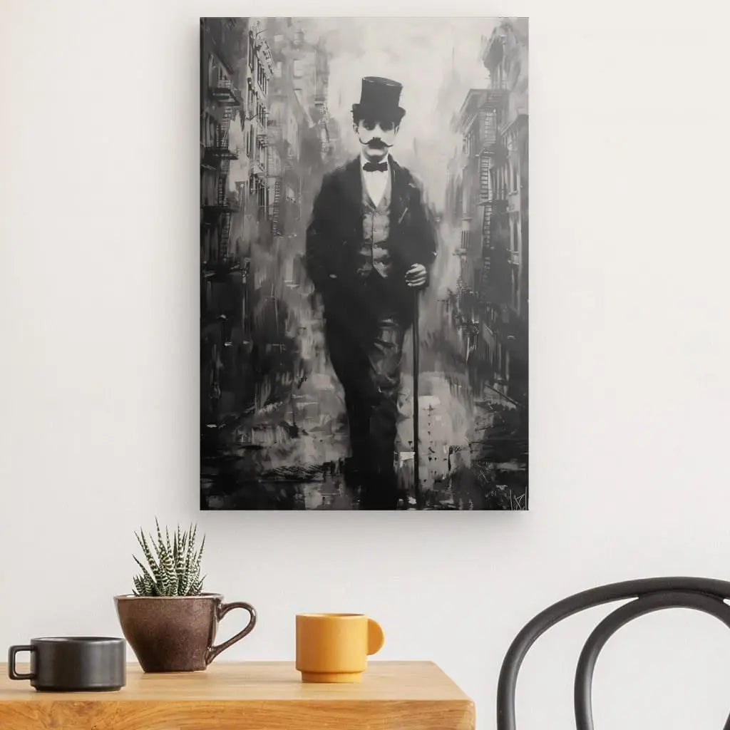 Tableau en noir et blanc intitulé "Tableau Charlie Chaplin Noir et Blanc" représentant un homme avec une canne, une moustache et un chapeau melon, exposé sur un mur blanc au-dessus d'une table en bois clair ornée de petites plantes et d'une tasse jaune et marron.