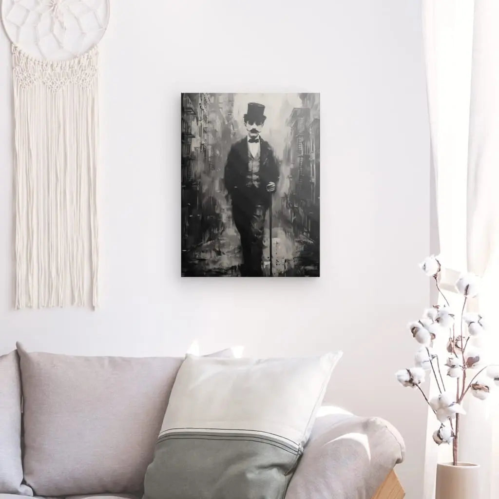 Un Tableau Charlie Chaplin Noir et Blanc représentant un homme portant un haut-de-forme et un costume, rappelant l'art classique, est accroché sur un mur blanc au-dessus d'un canapé gris clair avec des oreillers blancs, à côté d'une tenture murale tissée.Tableau Charlie Chaplin Noir et Blanc 1