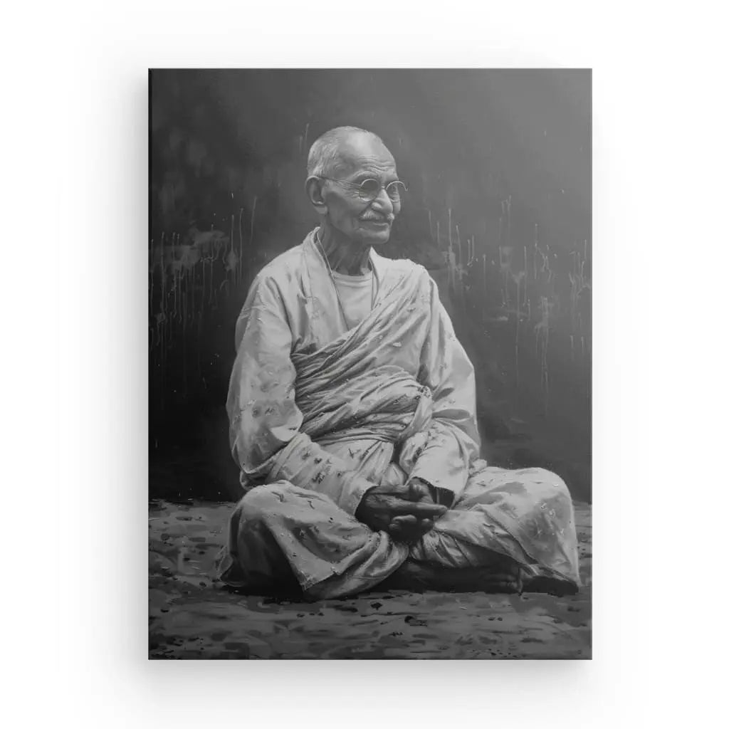 Portrait en noir et blanc d'une personne âgée assise en tailleur, vêtue de robes traditionnelles sur un fond sombre et texturé, rappelant un Tableau Mahatma Gandhi Noir et Blanc.