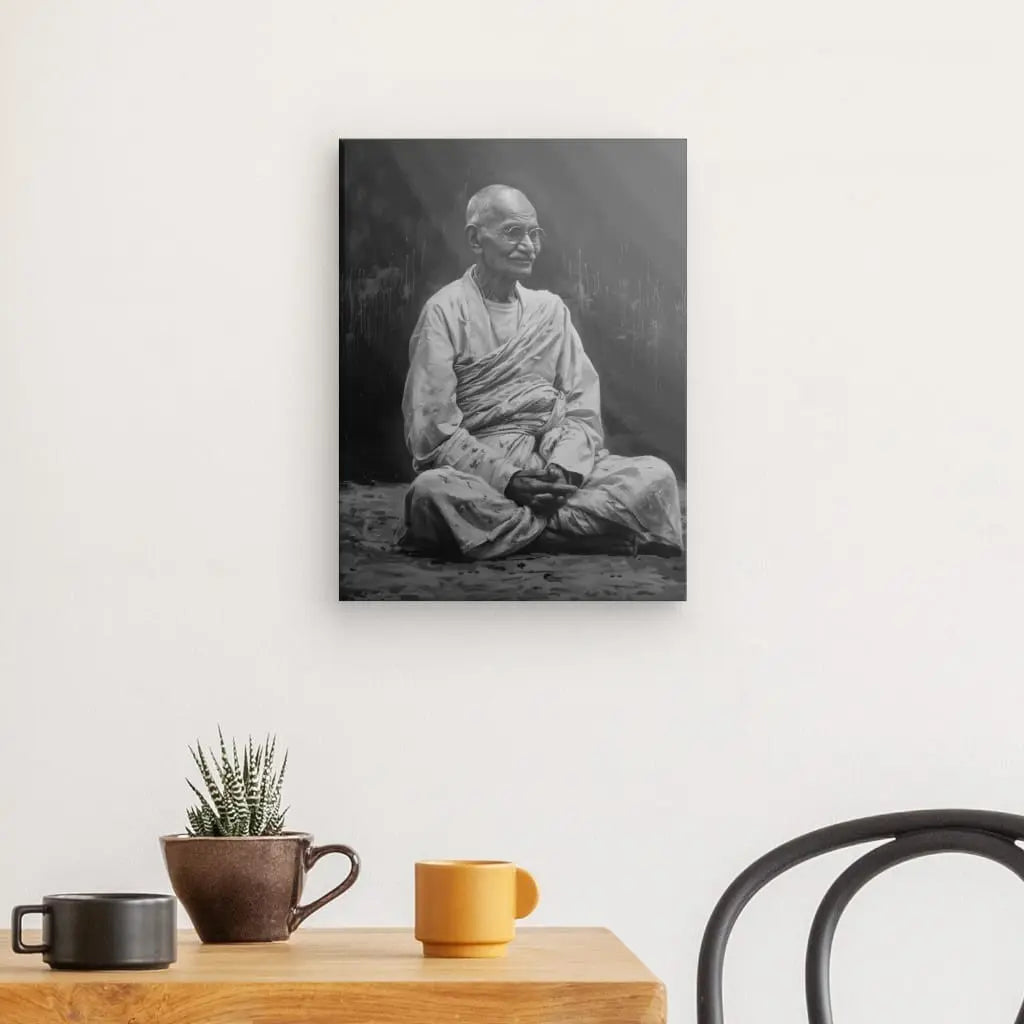 Un **Tableau Mahatma Gandhi Noir et Blanc** en noir et blanc encadré représentant un homme assis les jambes croisées est accroché sur un mur blanc au-dessus d'une table en bois avec une petite plante en pot et trois tasses. Cette œuvre d'art inspirante crée une atmosphère invitante, complétée par la chaise noire partiellement visible à côté de la table.