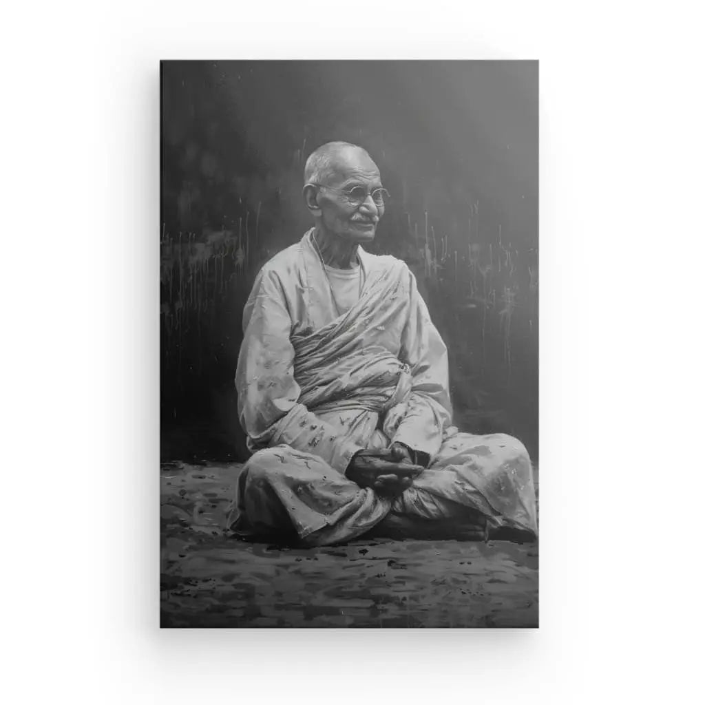 Tableau Mahatma Gandhi Noir et Blanc : Ce portrait évocateur en noir et blanc capture une dignité sereine, mettant en vedette une personne âgée assise les jambes croisées, les mains sur les genoux, portant des vêtements simples et traditionnels rappelant le Mahatma Gandhi.