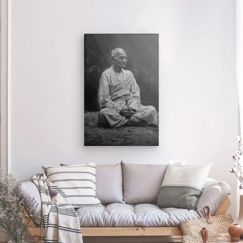 Image du Tableau Mahatma Gandhi Noir et Blanc, un portrait monochrome du Mahatma Gandhi en tenue traditionnelle, accroché au-dessus d'un canapé beige orné d'oreillers rayés dans un salon moderne. Un panier et des fleurs séchées sont posés au sol, créant un harmonieux tableau noir et blanc.